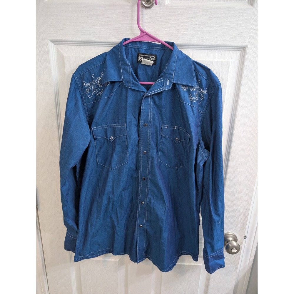 Wrangler Western Shirt Mens Blue Pearl Snap Embroidered - Size L